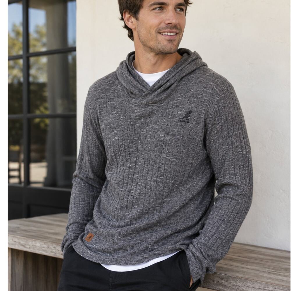 Kangol Mens L Hooded Rib Knit Sweater Gray Hacci Pullover Stretch Streetwear
